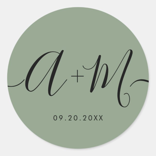 Sticker Rond Minimalist Monogram Script Custom green Wedding (Devant)