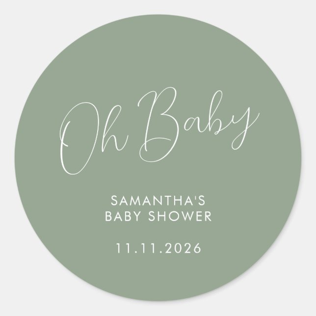 Sticker Rond Minimalist Script Sage Green Oh Baby (Devant)