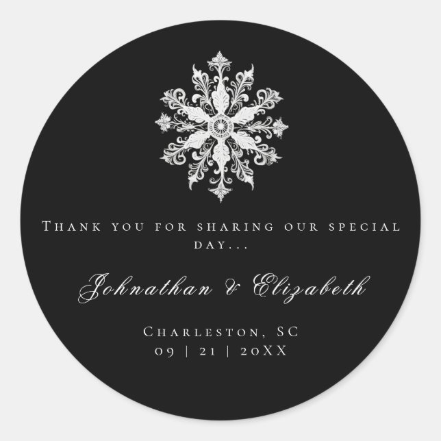 Sticker Rond Minimalist Snowflake Wedding | Black Favor (Devant)