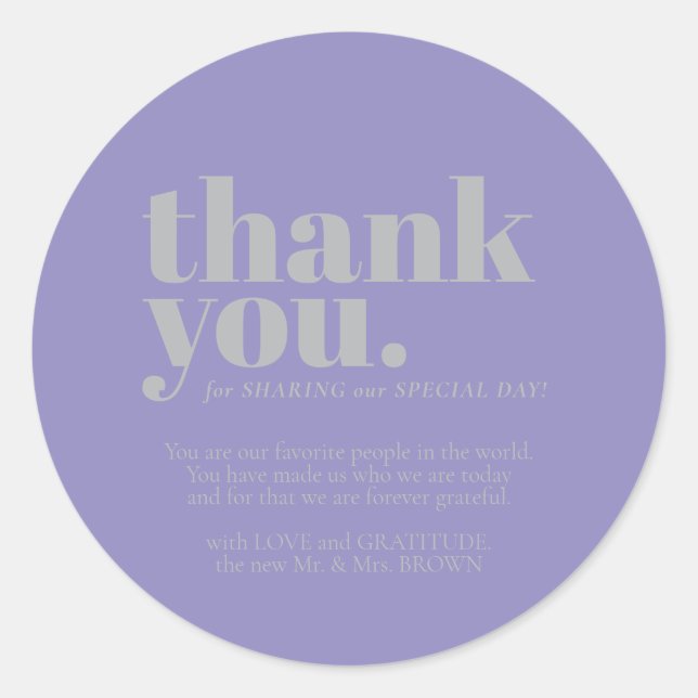 Sticker Rond Minimalist Thank You elegant Lavender Silver (Devant)