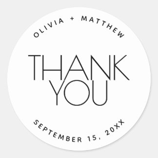 Sticker Rond Minimalist Wedding Thank You. Black & White Simple