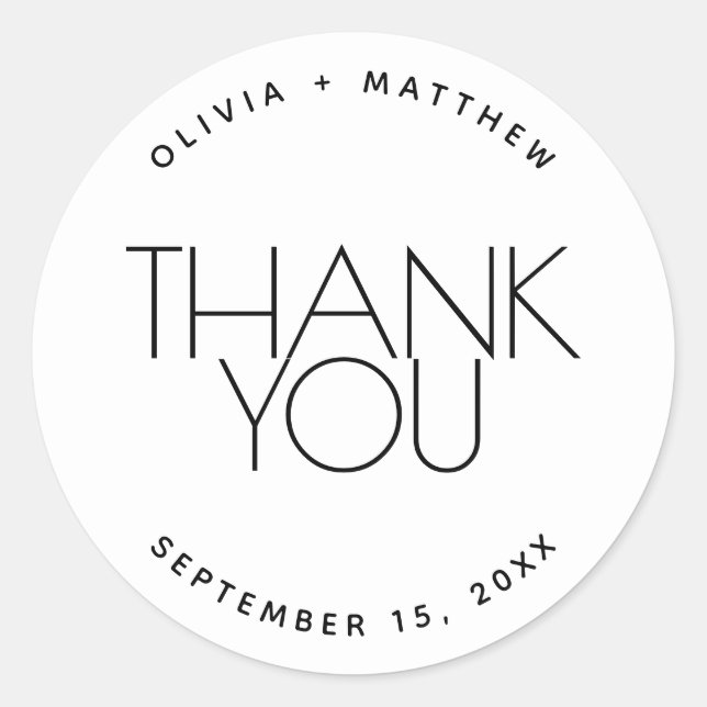 Sticker Rond Minimalist Wedding Thank You. Black & White Simple (Devant)
