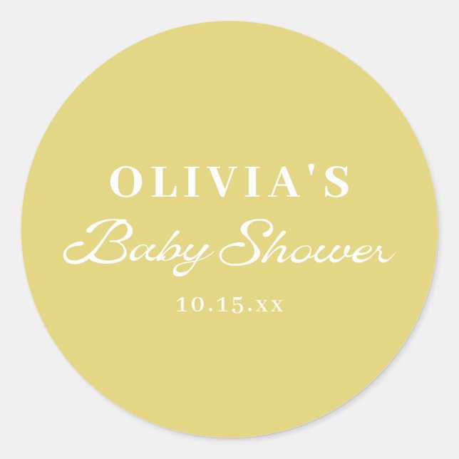 Sticker Rond Minimalist Yellow Retro Script Baby Shower Custom (Devant)
