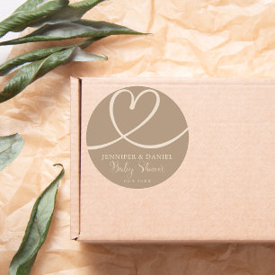 Sticker Rond Minimaliste Brown Tan Élégant Baby shower Coeur