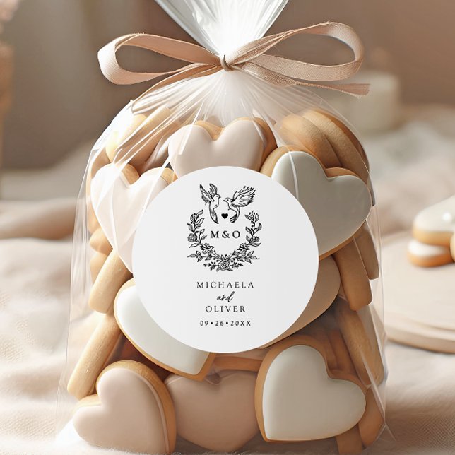 Sticker Rond Minimaliste Doves Botaniques Élégant Mariage Scrip (Créateur téléchargé)