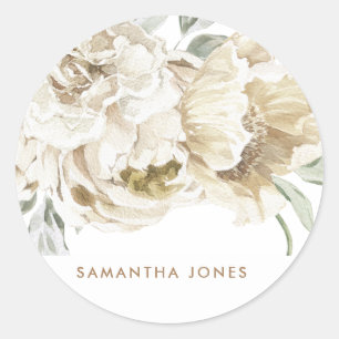 Sticker Rond Minimaliste Moderne Fleur de Pivoine Blanche Aquar