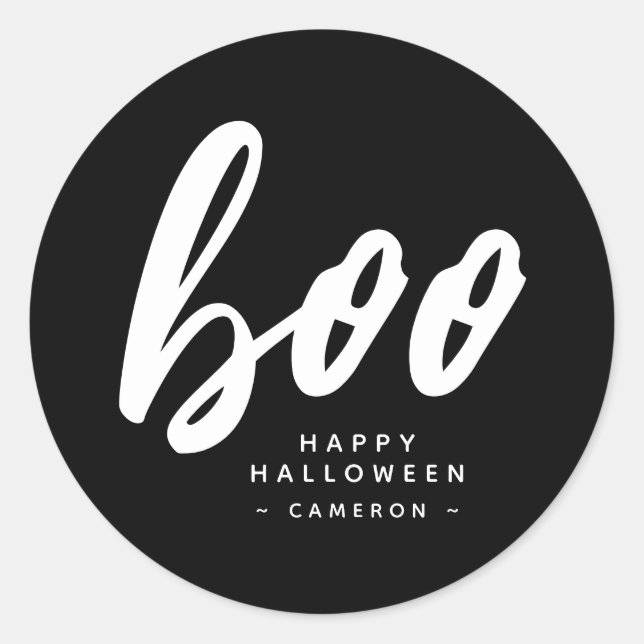 Sticker rond minimaliste noir blanc Boo Halloween (Devant)