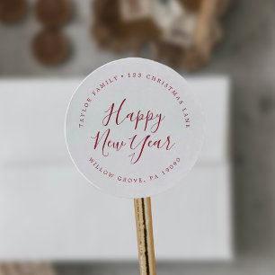 Sticker Rond Minimaliste Red Happy New Year Adresse circulaire