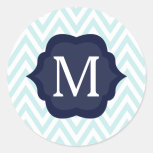 Sticker Rond Mint bleu et blanc Chevron Navy Monogram Design