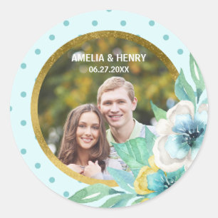 Sticker Rond Mint Faux Gold, Aquarelle Florale Mariage Photo