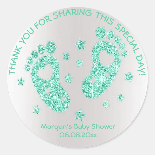 Sticker Rond Mint Green Parties scintillant Pieds Baby shower F (Devant)