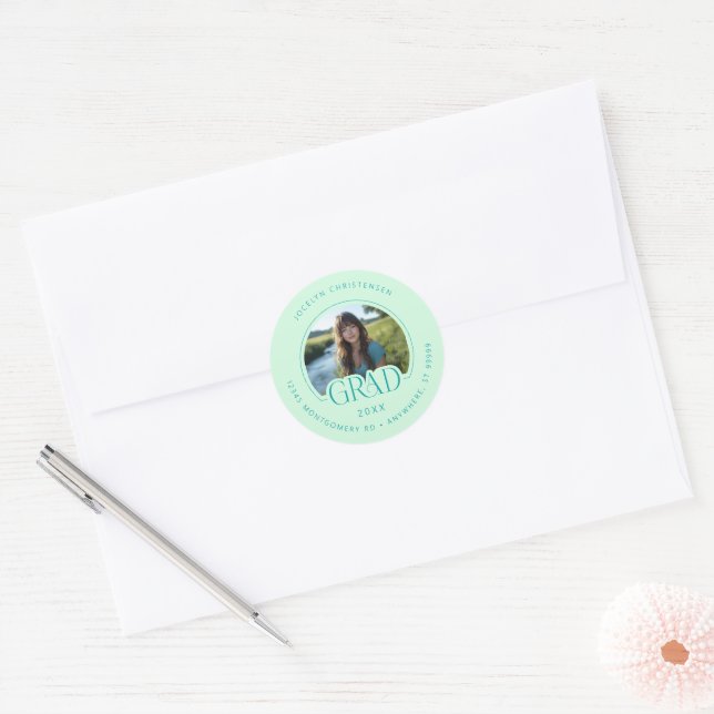 Sticker Rond Mint Green Photo Address Graduate Envelope Seal (Enveloppe)