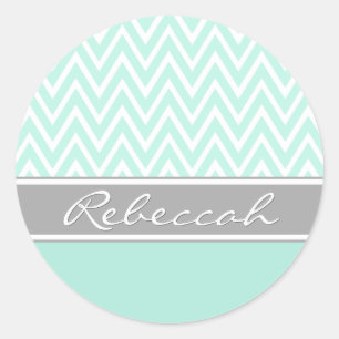 Sticker Rond Mint Green White Chevron Zigzag Motif Grey Nom