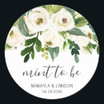 Sticker Rond Mint To Be Elegant Greenery White Floral Wedding<br><div class="desc">Floral wedding favor stickers with a top border featuring hand painted watercolor white roses and greenery with the message, "Mint to Be" in a lovely handwritten script and your names and date below. These elegant stickers perfect for a garden wedding in the summer and are a great way to add...</div>