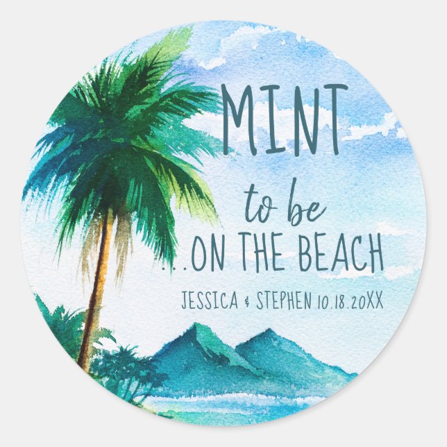 Sticker Rond Mint to Be Tropical Island Beach Wedding Favor (Devant)