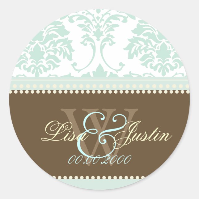 Sticker Rond Mint vert Damask monogramme mariage/do-it-yourself (Devant)