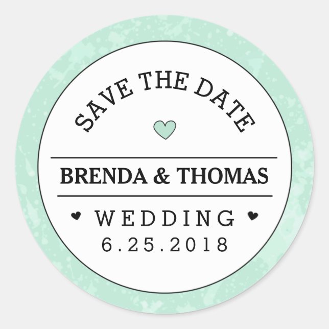 Sticker Rond Mint Vert Noir & Blanc Mariage Enregistrer la date (Devant)