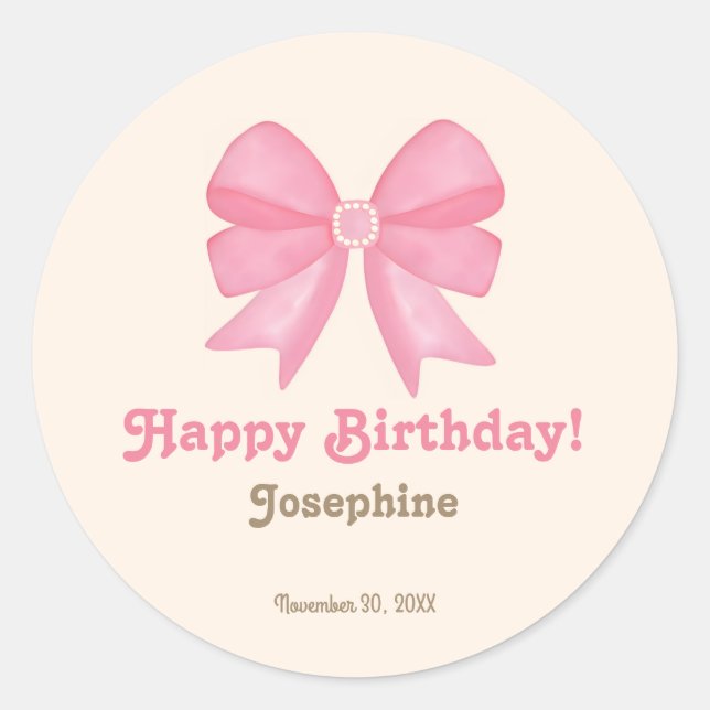Sticker Rond Minuscule Bow rose mou Joyeux anniversaire (Devant)