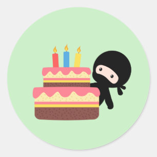 Sticker Rond Minuscule Ninja derrière le gâteau d'anniversaire 