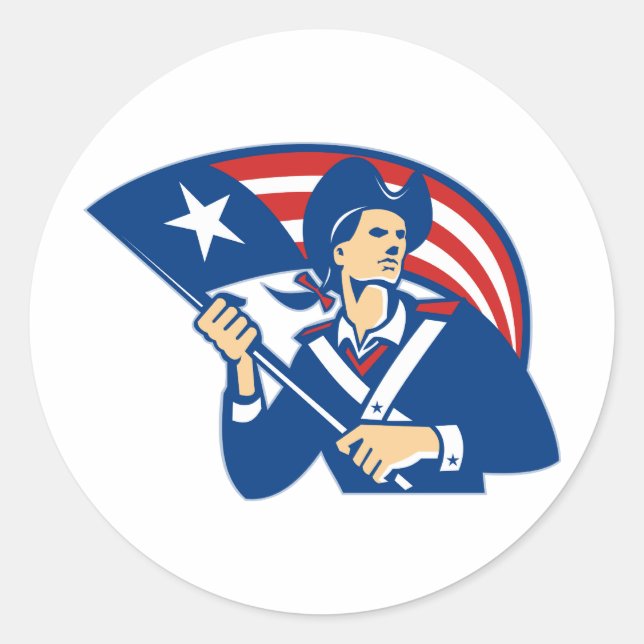 Sticker Rond Minuteman Patriote Américain Avec Drapeau Rétro (Devant)