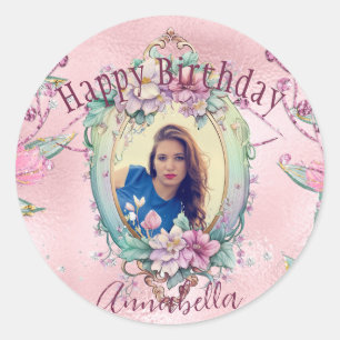 Sticker Rond Miroir de conte de fées pailleté rose glamour