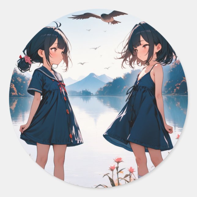 Sticker Rond Mirrored Daydream au bord du lac (Devant)