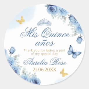 Sticker Rond Mis Quince años Blue Floral Gold Butterfly