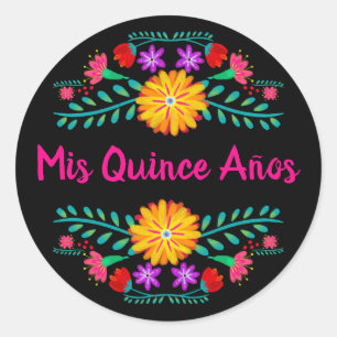 Sticker Rond Mis Quince Anos Fleurs de Fiesta Mexicaine Rose No