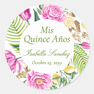Sticker Rond Mis Quince Años Floral Pivoines Citrons Quinceañer