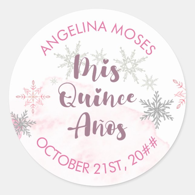 Sticker Rond Mis Quince Anos Pink et Silver Snowflake (Devant)