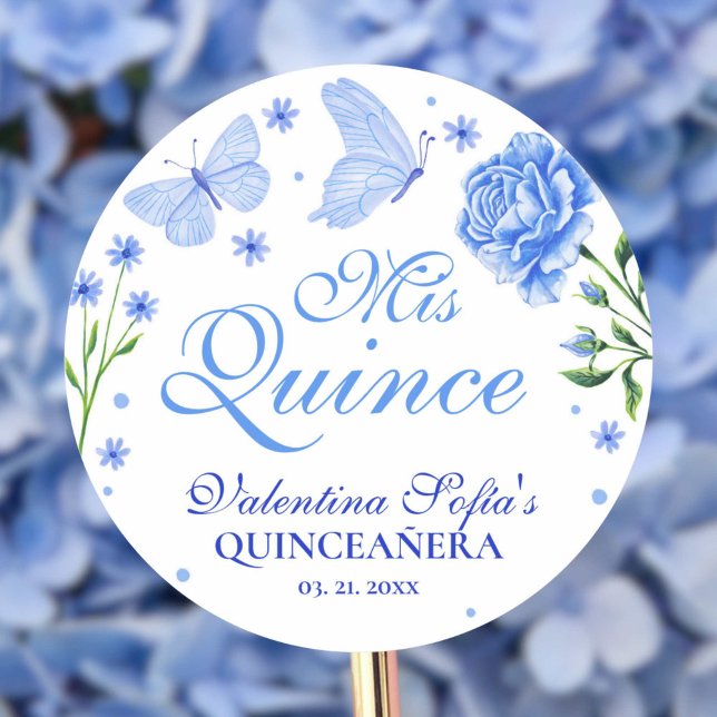 Sticker Rond Mis Quince Baby Blue Floral Quinceañera Classic (Mis Quince Baby Blue Floral Quinceañera Classic Classic Round Sticker)