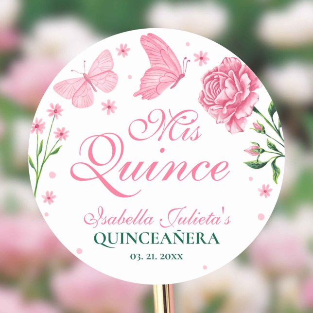 Sticker Rond Mis Quince Blush Rose Floral Quinceañera (Mis Quince Blush Pink Floral Quinceañera Classic Round Sticker)