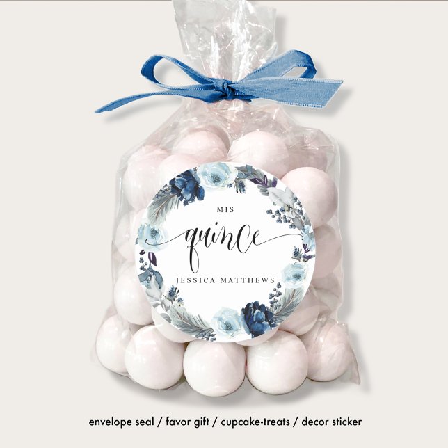 Sticker Rond Mis Quince, Espagnol, Floral bleu couronne (Créateur téléchargé)