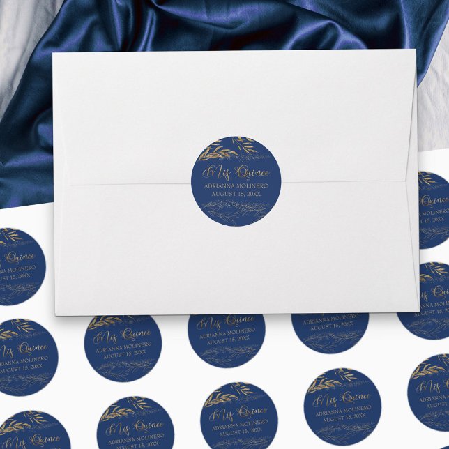 Sticker Rond Mis Quince Royal Blue et Gold Leaf 15 Anniversaire (Mis Quince stickers for stationery, favors and party decor in blue, from my Gold Leaf Collection)