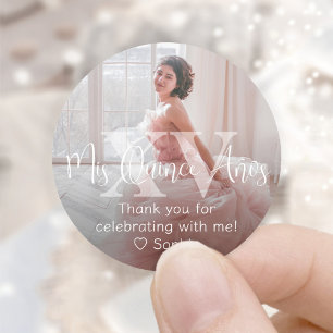 Sticker Rond Mis XV Años Photo moderne Quinceañera Merci