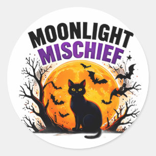 Sticker Rond Mischief au Clair de Lune Chat Noir Automne Hallow