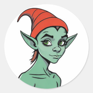 Sticker Rond Mischievous Green Elf / Goblin Cartoon Character
