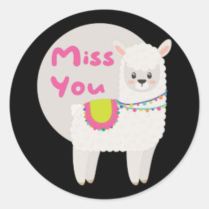 Sticker Rond Miss Kawaii drôle lama blanche avec texte rose