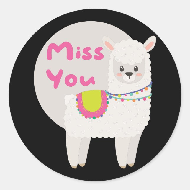 Sticker Rond Miss Kawaii drôle lama blanche avec texte rose (Devant)