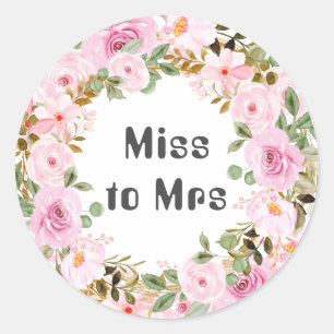 Sticker Rond Miss to Mrs Bridal Shower Aquarelle Fleurs Roses