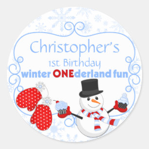 Sticker Rond Mitaines de bonhomme de neige d'anniversaire
