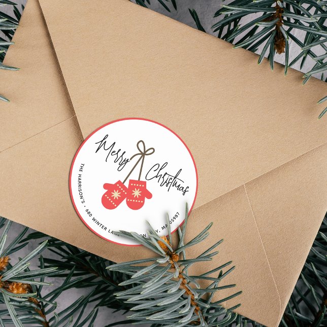 Sticker Rond Mitaines rouges de calligraphie moderne d'adresse  (Modern Calligraphy Red Mittens Return Address Classic Round Sticker)