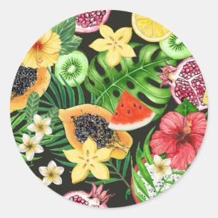 Sticker Rond Mix-fruits tropicaux, fleurs et feuilles en noir