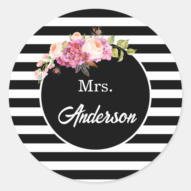 Sticker Rond Mme avec bandes et fleurs noires et blanches (Devant)