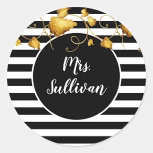 Sticker Rond Mme avec Black & White Stripes Feuilles d'or