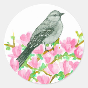 Sticker Rond Mockingbird rose Magnolia Aquarelle