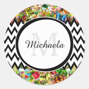 Sticker Rond Mod Black Chevron Vintage Floral Monogramme et nom