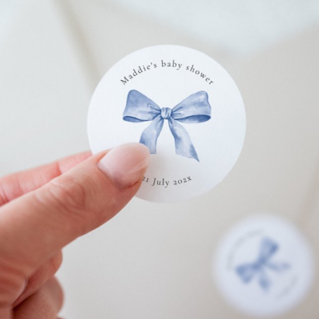Sticker Rond Modèle d'autocollant Baby Shower avec nœud bleu (Créateur téléchargé)