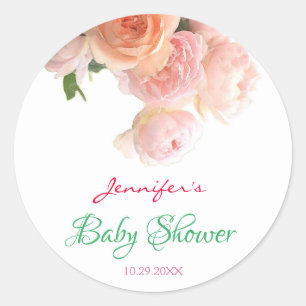 Sticker Rond Modèle de Baby shower de script de Rose d'aquarell
