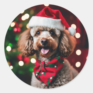 Sticker Rond Modèle de photo de Noël pour chien caniche avec le